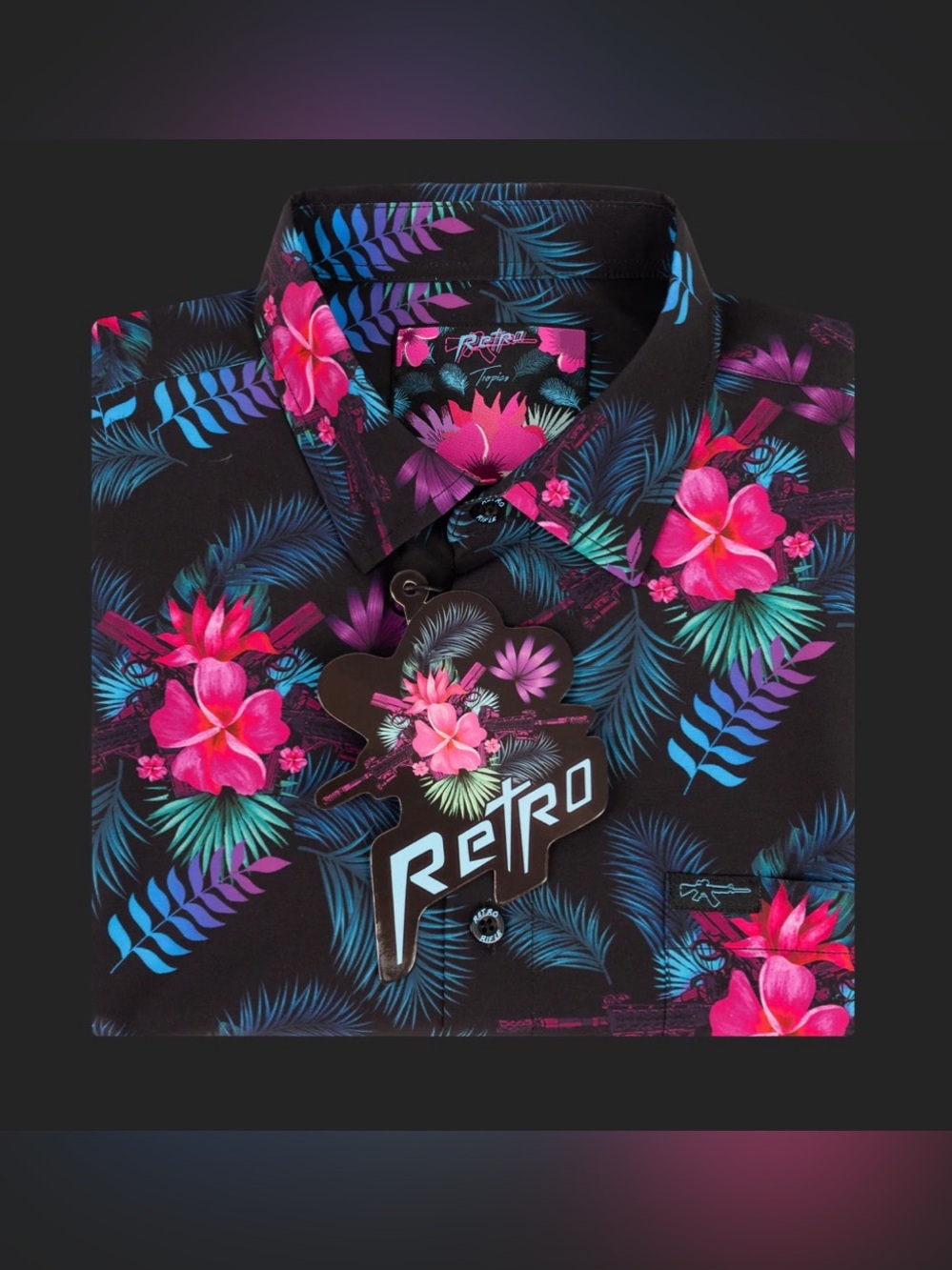 Retro Rifle Tropics Print Long Sleeve Button Down Black Pink Teal Size 2XL XXL
